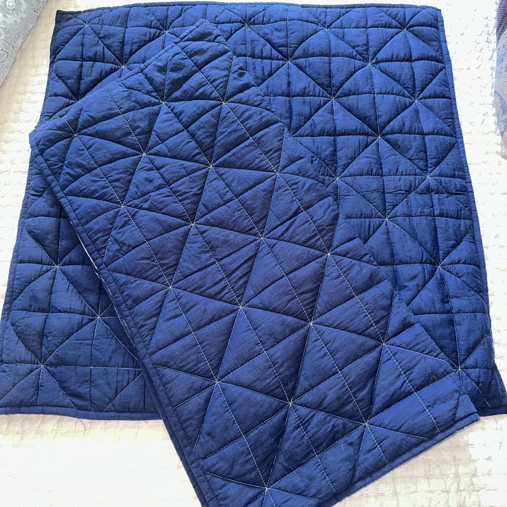 West Elm Nomad Quilted Euro Shams Pair Deep Sea Navy Blue Solid Stripe Bedding - Picture 3 of 4
